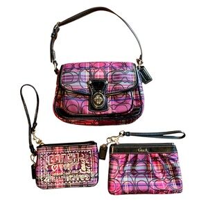Coach Poppy Purple Tartan Plaid Penny Flap glitter Shoulder Bag + 2 Wristlets